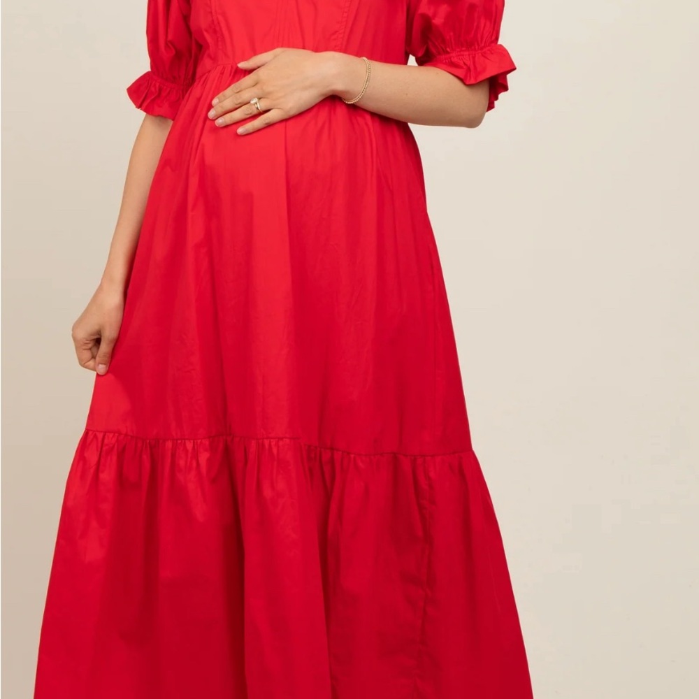 Maternity Women's Red Short Puff Sleeve Tiered Maternity Midi Dress size small